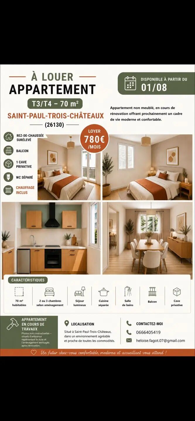 Appartement à louer, 70m², Saint-Paul-Trois-Châteaux