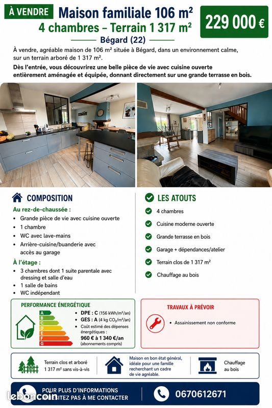 Maison à vendre, 106m², Bégard