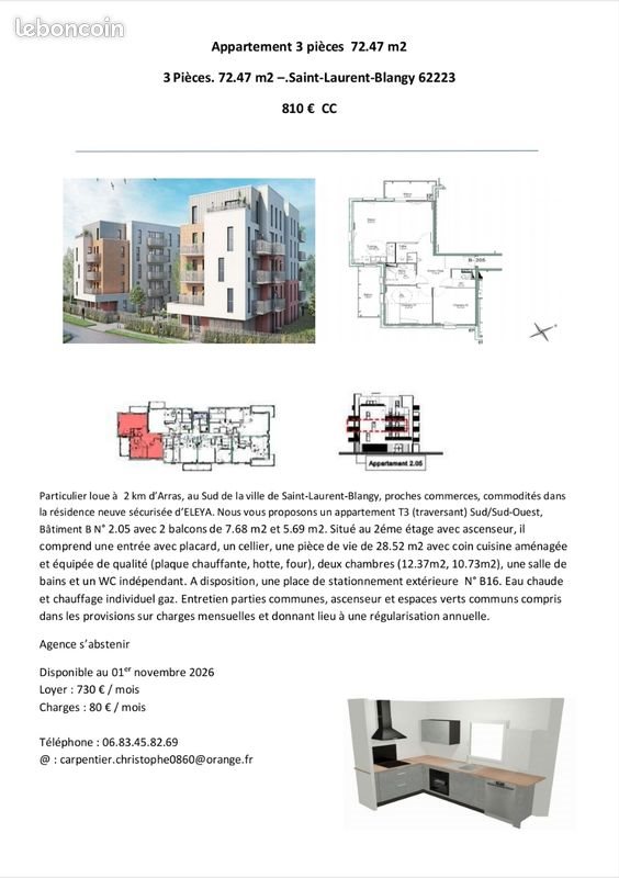 Appartement à louer, 72m², Saint-Laurent-Blangy