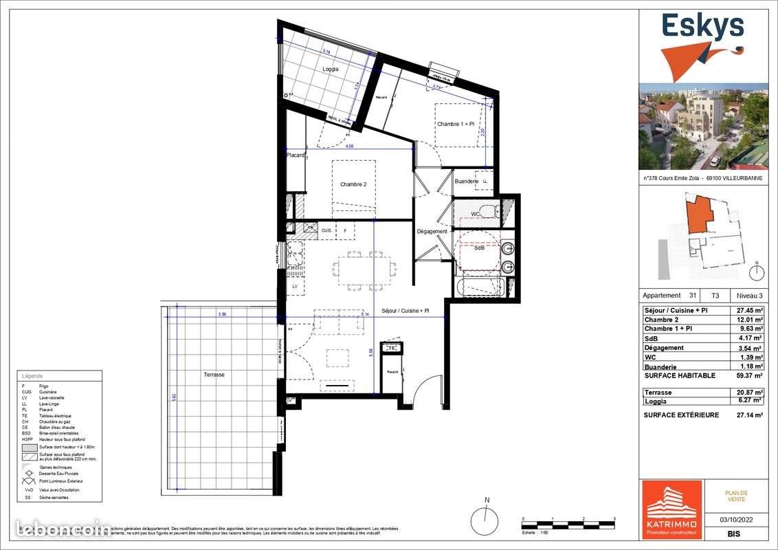 Appartement à vendre, 59m², Villeurbanne