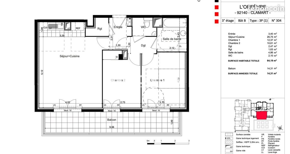 Appartement à louer, 64m², Clamart