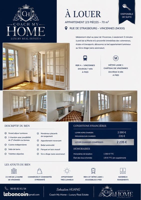 Appartement à louer, 70m², Vincennes
