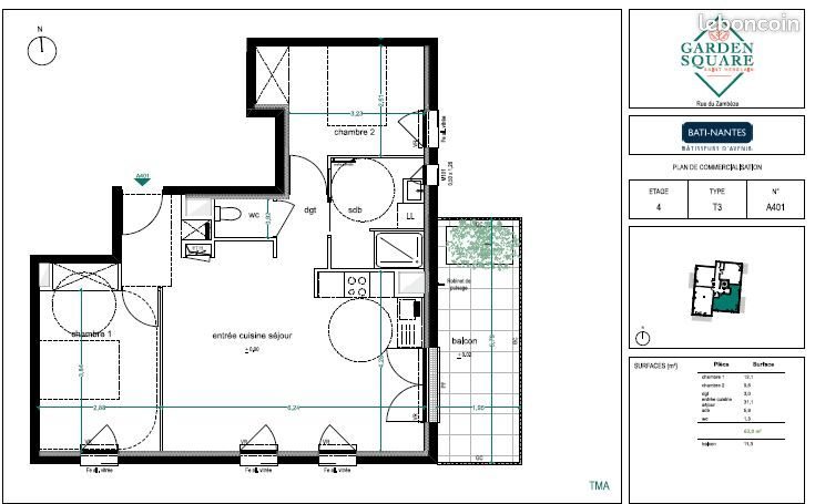 Appartement à louer, 62m², Saint-Herblain