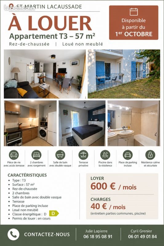 Appartement à louer, 57m², Saint-Martin-Lacaussade