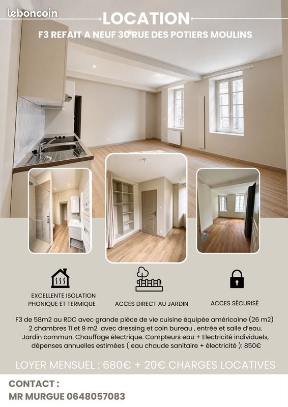 Appartement à louer, 58m², Moulins
