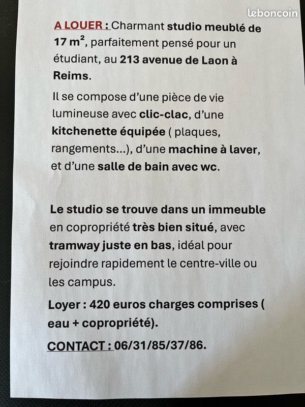 Appartement à louer, 17m², Reims