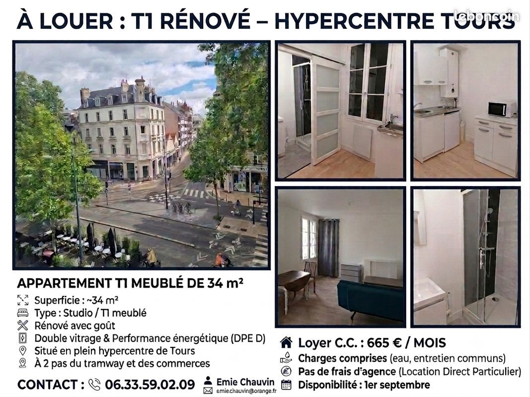 Appartement à louer, 34m², Tours