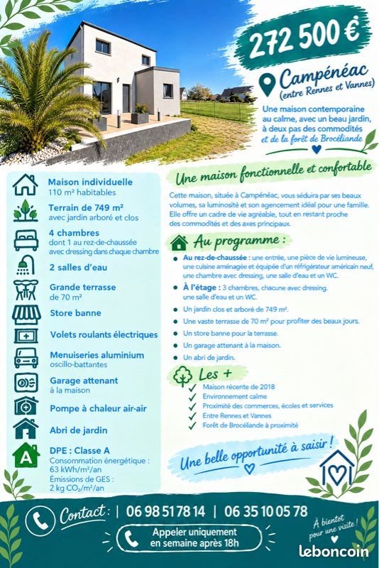 Maison à vendre, 110m², Campénéac
