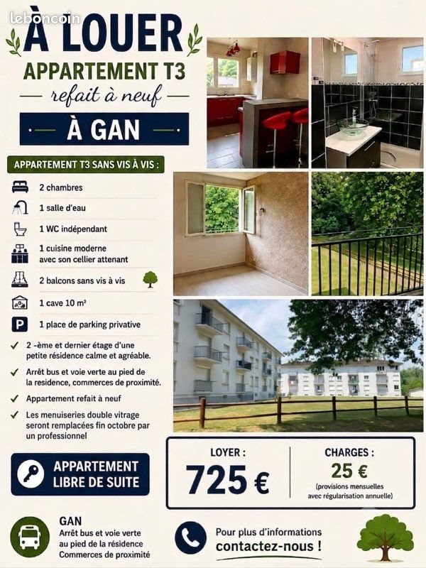 Appartement à louer, 63m², Gan