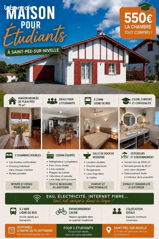Maison à louer, 70m², Saint-Pée-sur-Nivelle