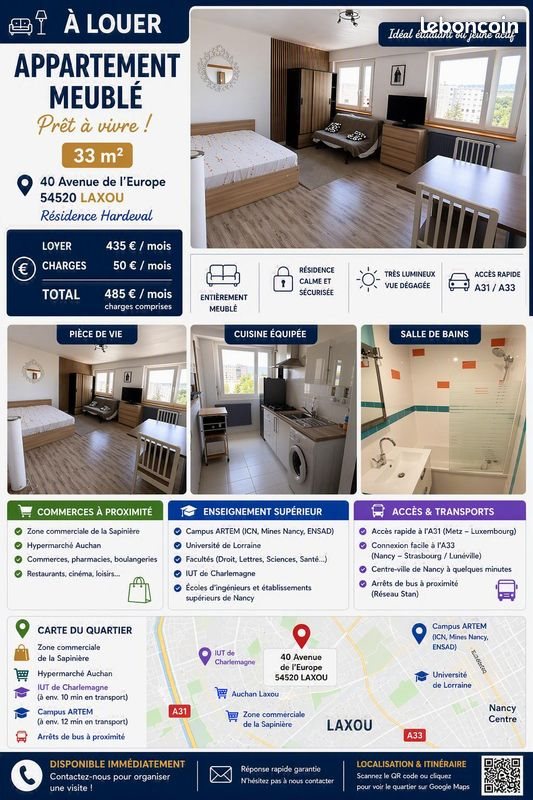 Appartement à louer, 33m², Laxou