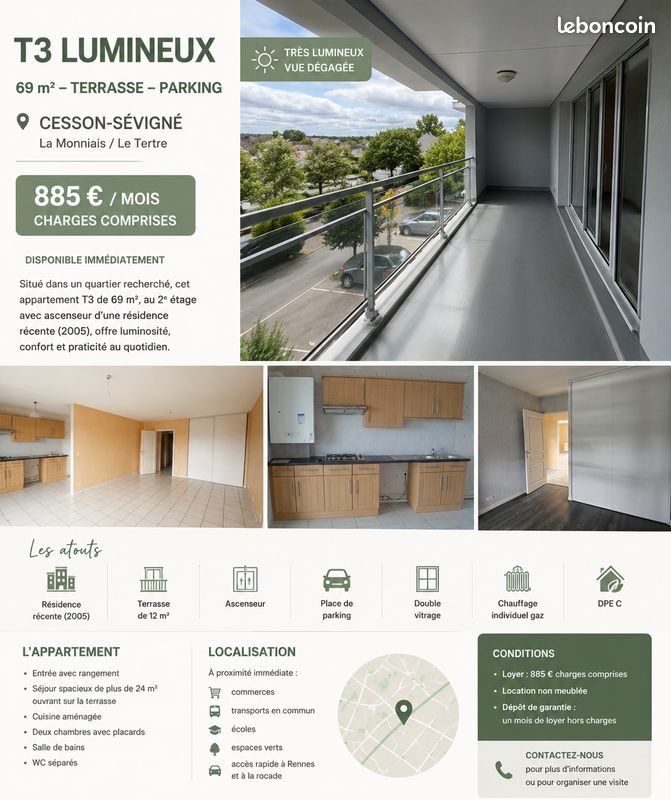Appartement à louer, 69m², Cesson-Sévigné