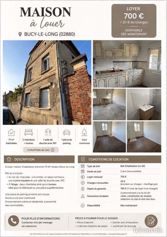Maison à louer, 71m², Bucy-le-Long