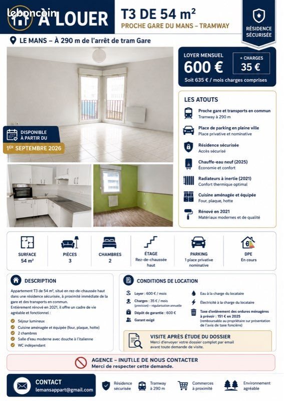 Appartement à louer, 54m², Le Mans