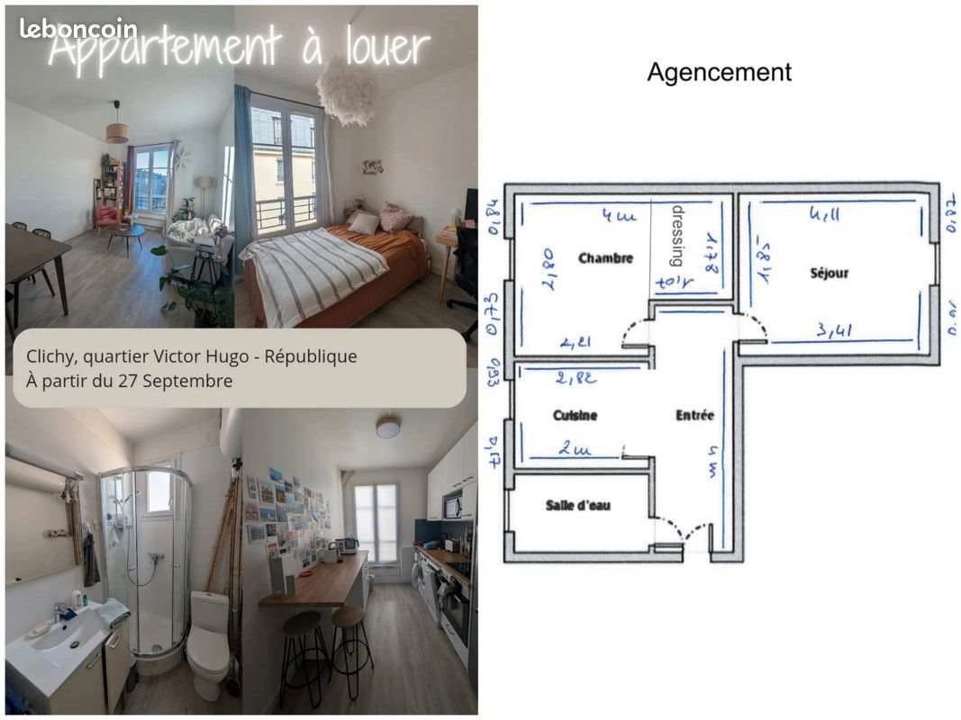 Appartement à louer, 39m², Clichy