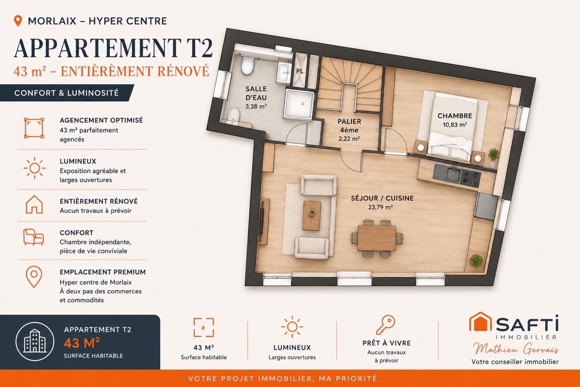 Appartement à vendre, 43m², Morlaix