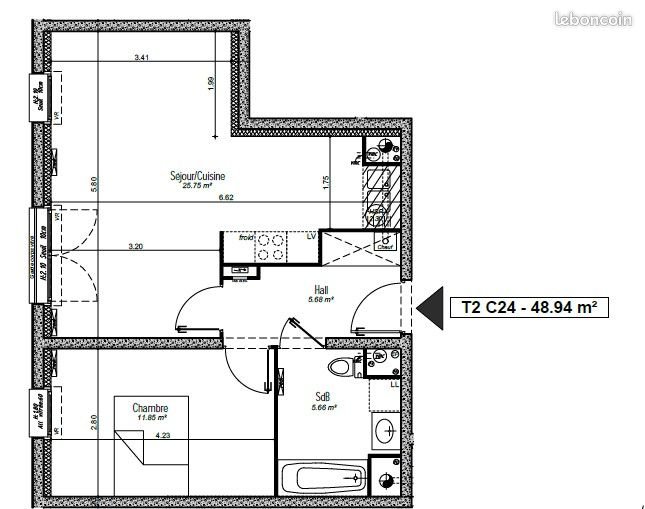 Appartement à louer, 48m², Loos