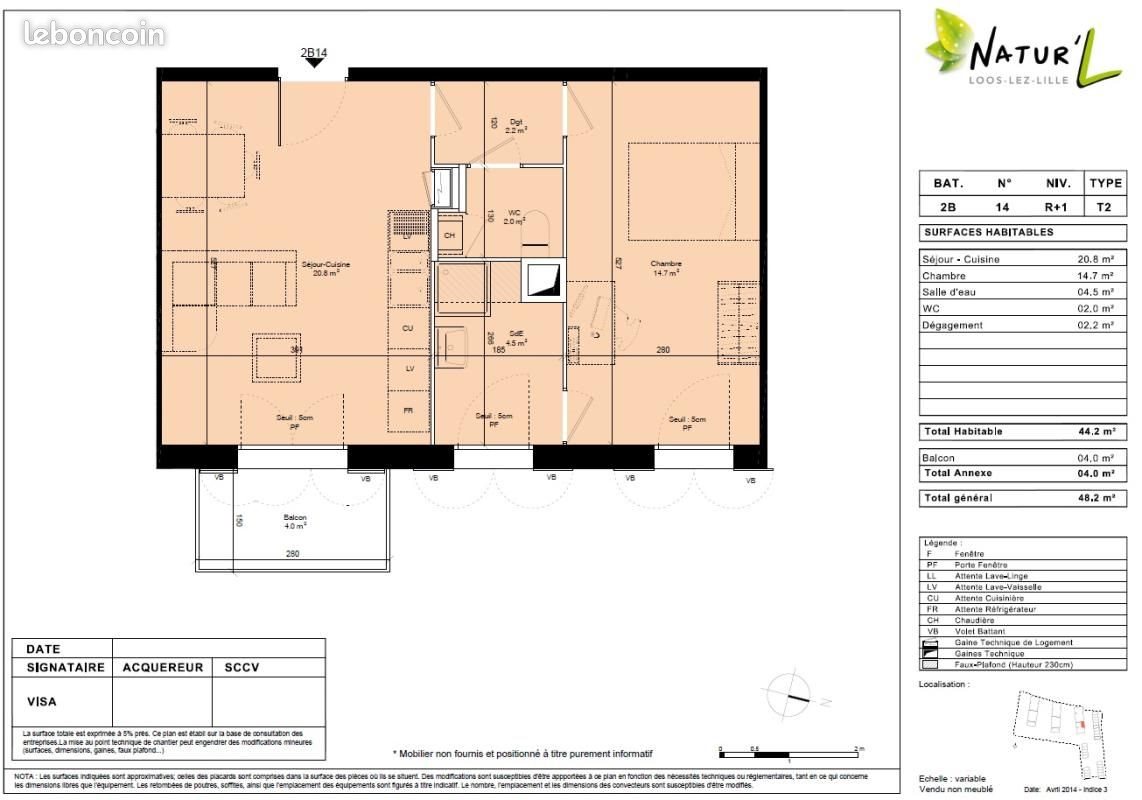 Appartement à louer, 44m², Loos