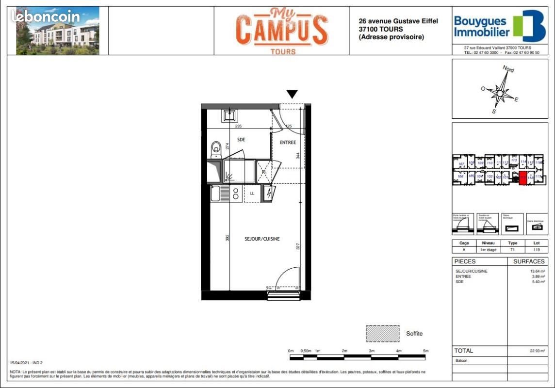 Appartement à louer, 22m², Tours